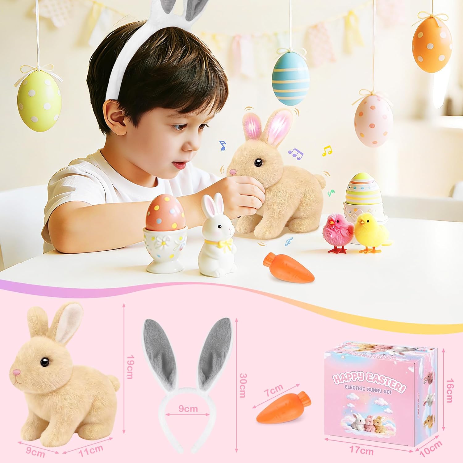 Skiennix Realistic Bunny Toy - Interactive Hopping Rabbit Set with Headband, Electric Sounds & Movements, Brown