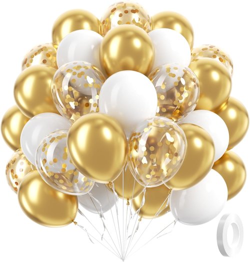 Gold and White Balloons by [Brand Name] - 60pcs 12-Inch Metallic Confetti for Weddings, Graduations & Birthdays