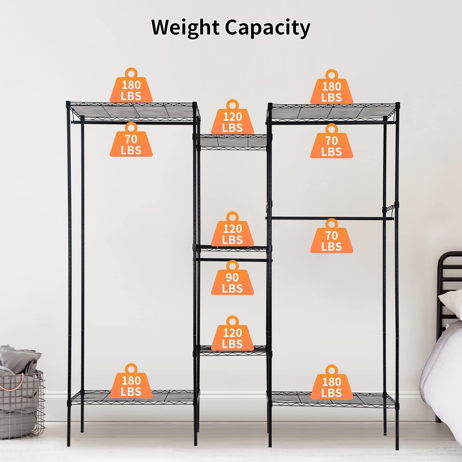 PayLessHere Adjustable Metal Garment Rack - Portable Clothing Rack with 4 Hanger Rods & 7 Shelves, Black