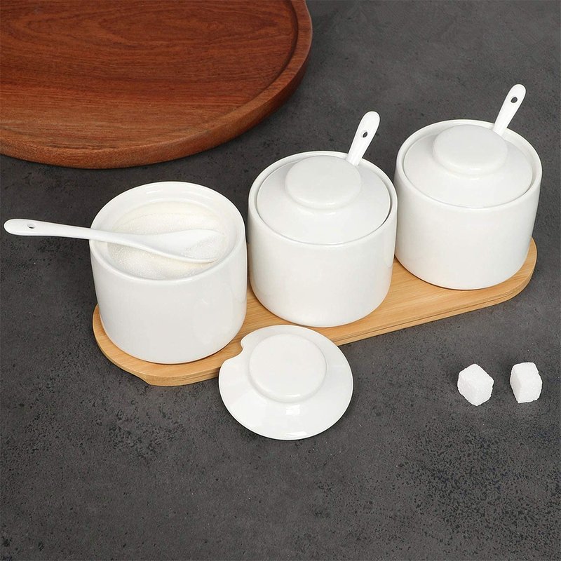 ONTUBE Porcelain Condiment Jar Set of 3 Spice with Tray, Ceramic Condiment Pot Spoon and Lid, Seasoning Box,Sugar Bowl, 8oz (White)