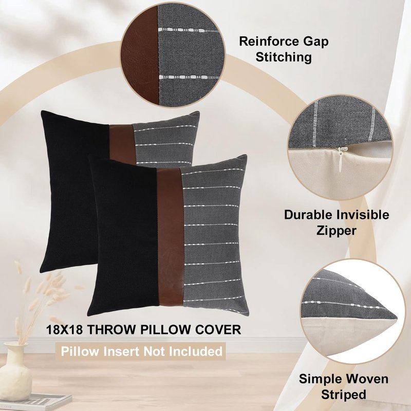 cygnus Decorative Pillow Covers 18x18,Black Linen and Striped Throw Pillow Covers with Dark Brown Faux Leather Accent,Boho Farmhouse Decor Square Cushion for Couch Sofa Livingroom,Gray