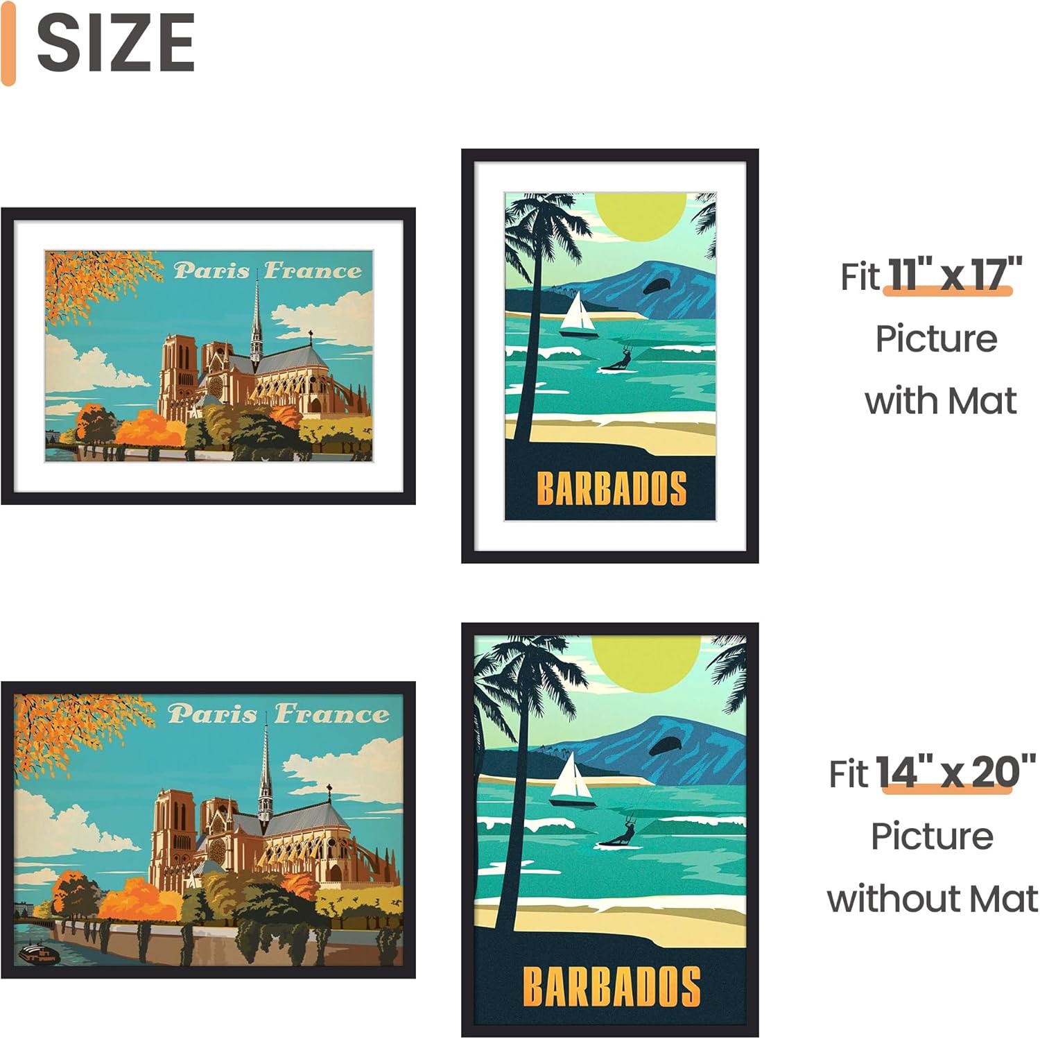 Upsimples 14x20 Picture Frame - Versatile Display for 11x17 Photos with Mat or 14x20 Without, Black