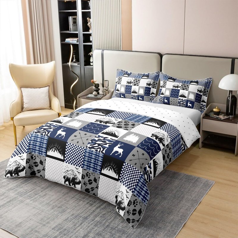 Rustic Farmhouse 100% Cotton Duvet Cover Twin, Retro Woodland Moose Comforter Cover, Country Bear Deer Patchwork Bedding Set, Hunting Wild Animal Plaid Adventure Quilt Cover for Bedroom, Blue Grey