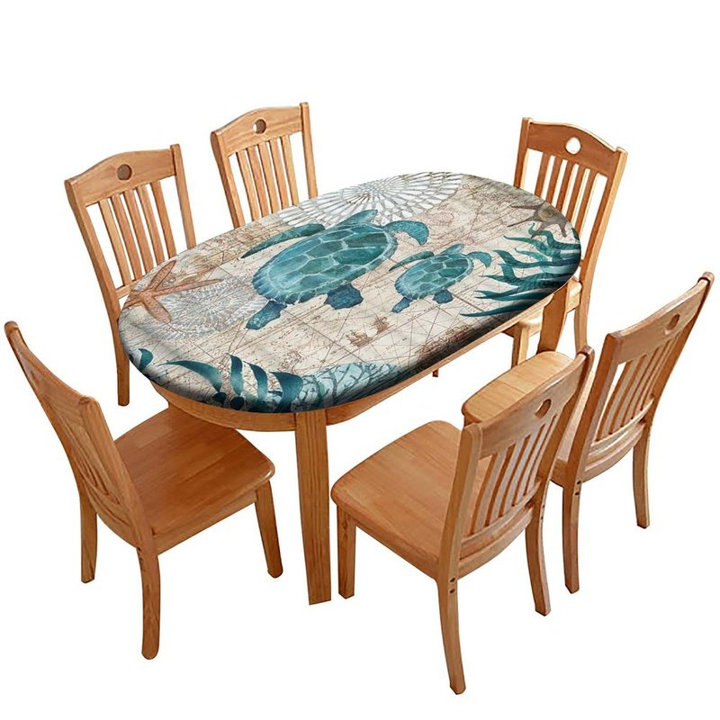 Personalized Oval Fitted Table Cloth Cover Add Your Photo Text Logo Custom Tablecloth with Elastic Edged for Indoor Outdoor Picnic Party Kitchen Dinner Decoration, Sea Turtle, Fits To 42" x 60" table