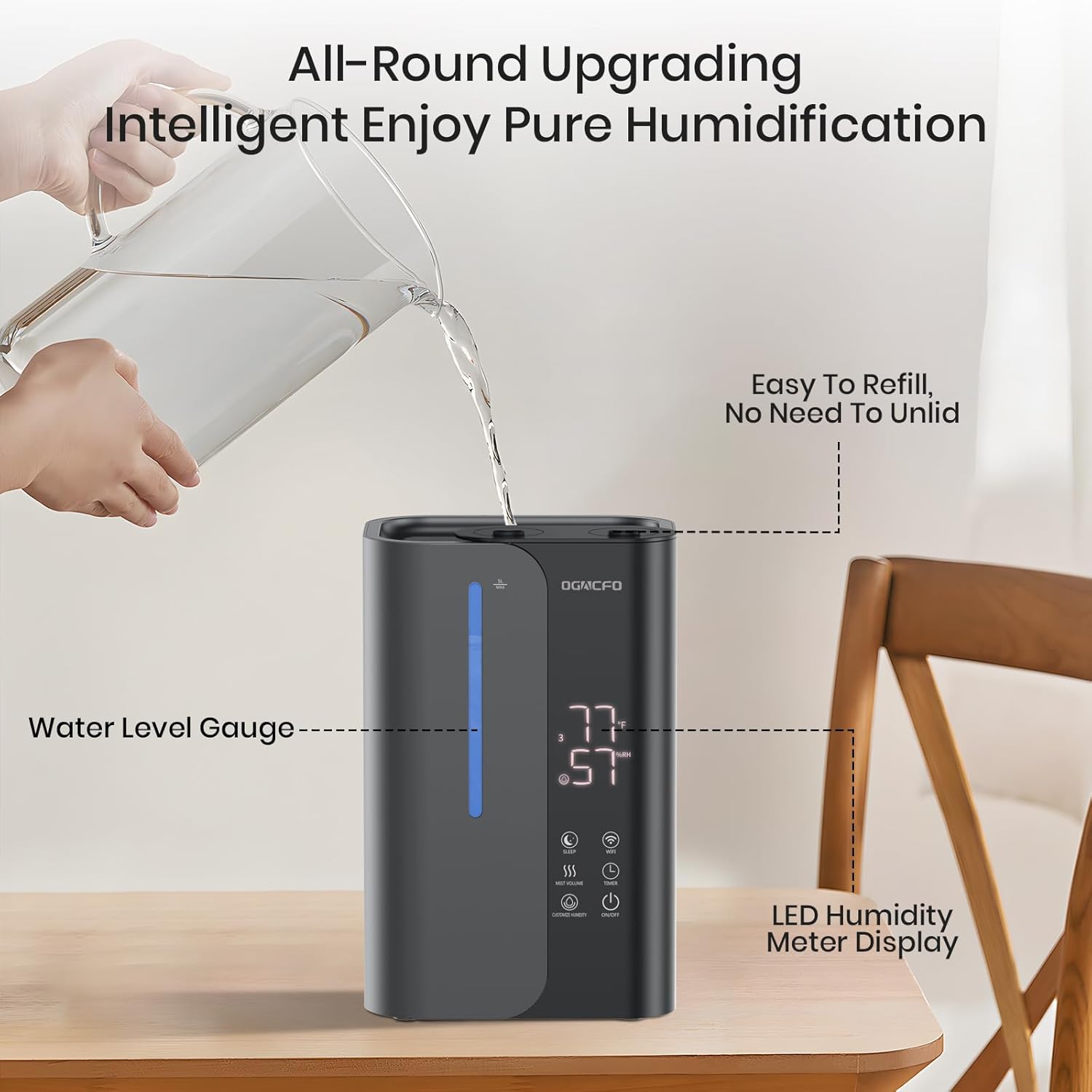 OGACFO 5L Smart Air Humidifier - Top Fill Design, 50H Runtime, Quiet 28 dB for Bedroom & Nursery