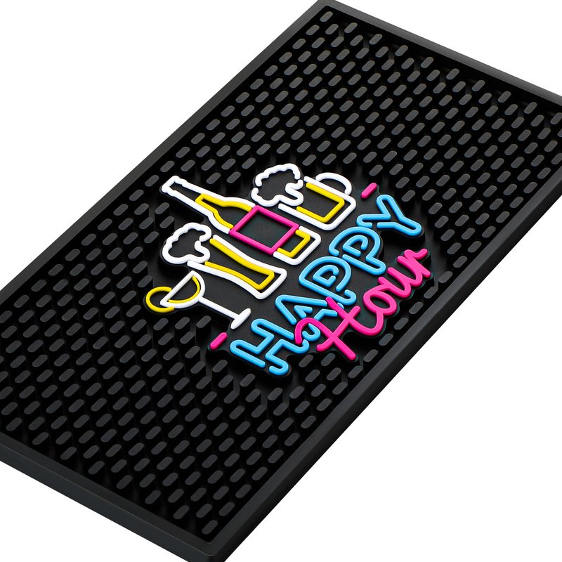 Preboun Bar Mat for Countertop with Fluorescent Pattern Thick Rubber Non Slip Black Bar Spill Mats for Coffee Kitchen Restaurants Entertaining Home Service(1 Pcs,12 x 6 Inch)