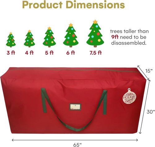 HOLIDAY SPIRIT Christmas Tree Storage Bag - Heavy Duty Waterproof 600D Oxford Canvas for 9 Ft Trees, Red