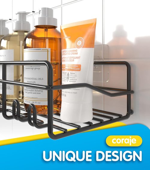 Coraje Adhesive Bathroom Caddy - Large Capacity Rustproof Metal Shelves | 2-Pack Black Shower Organizer