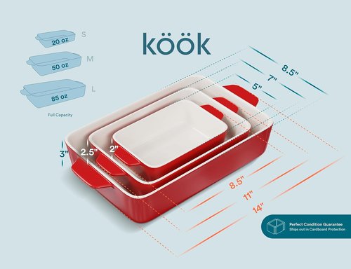 Kook Ceramic Bakeware Set - Rectangular Baking Dishes for Casseroles & Lasagna | Microwave & Dishwasher Safe, Set of 3 in Cherry