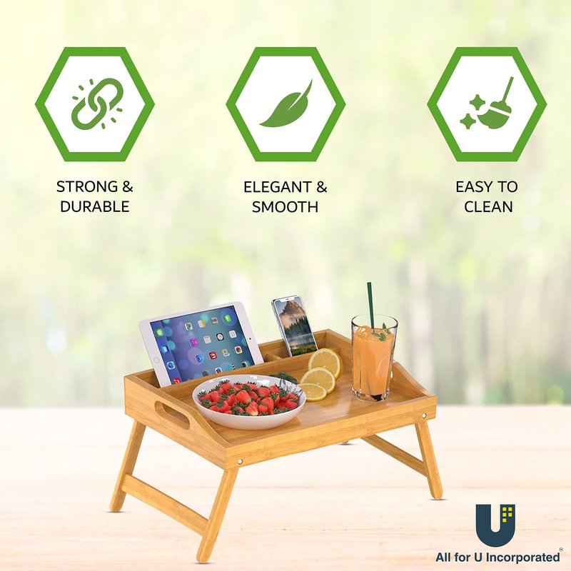 Bamboo Bed Tray with Folding Legs, Portable Serving Tray for Breakfast in Bed, Reading, Working or Picnics (Large)