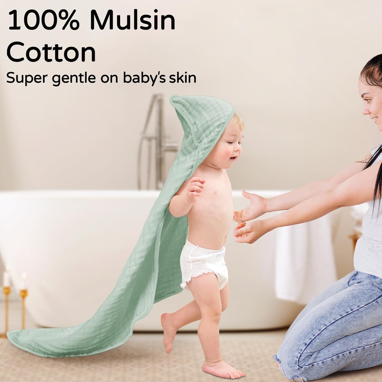 Yoofoss Hooded Baby Towels - 100% Muslin Organic Cotton, Soft & Absorbent | 2 Pack, 32x32 Inch, Apricot & Green