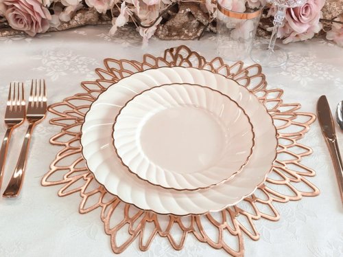 " OCCASIONS " 20 Pieces Pack Pressed Vinyl Metallic Placemats/Wedding Accent Centerpiece Placemat (Leaf, Rose Gold)