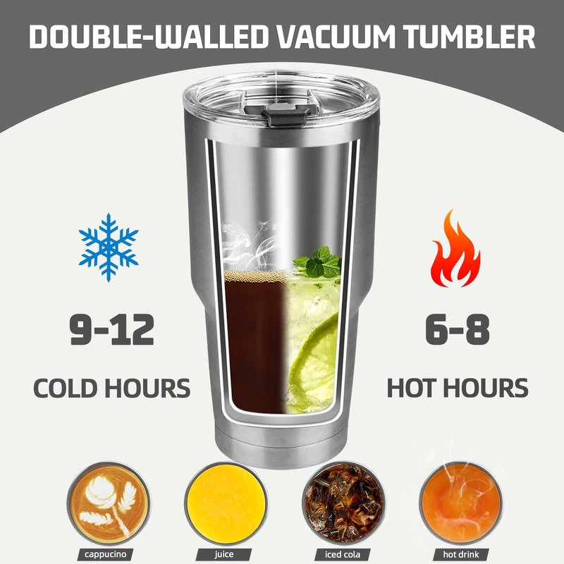 GUDEMAO 30 oz Tumbler with Lids and Straws, Stainless Steel Insulated Coffee Tumbler, Double Wall Vacuum Insulated Travel Mug Cup, Leakproof Thermal Coffee Cup for Hot and Cold Drinks(Silver)