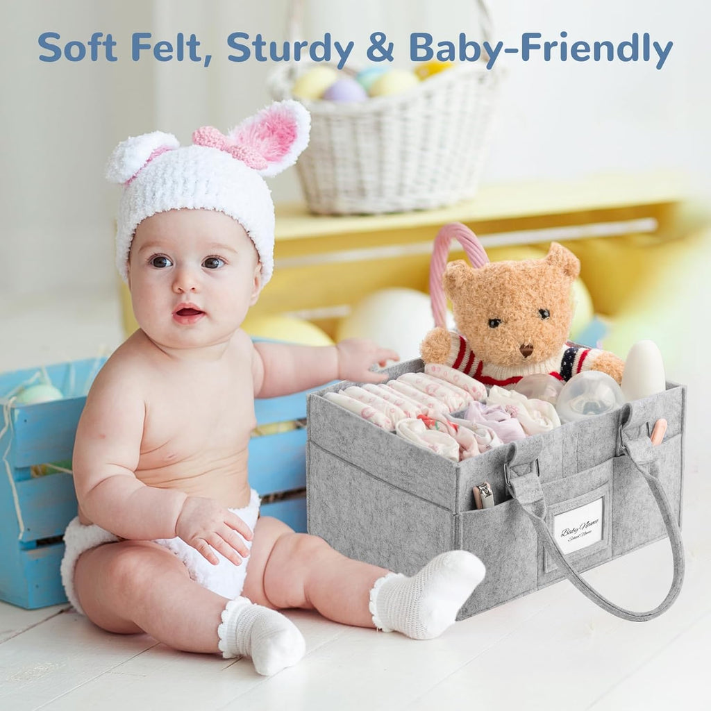 Skiennix Diaper Caddy Organizer - Collapsible Baby Basket with Handle & Photo Frame | Grey, 11.8 x 6.3 x 9.0 Inch