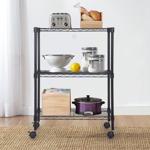 FDW Metal Storage Shelves - 3-Tier Wire Shelving Unit with Wheels | Compact 23L x 13W x 32H, Black