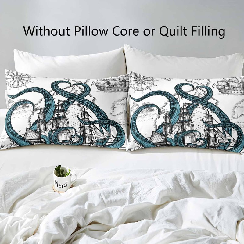 LUVIVIHOME 3PCS Octopus Duvet Cover King Bedding Set, White Duvet Cover, Teal Kraken Tentacles Sailboat Anchor Rudder Coastal Ocean Marine Sea Animal Nautical Comforter Quilt Cover, 2 Pillow Cases