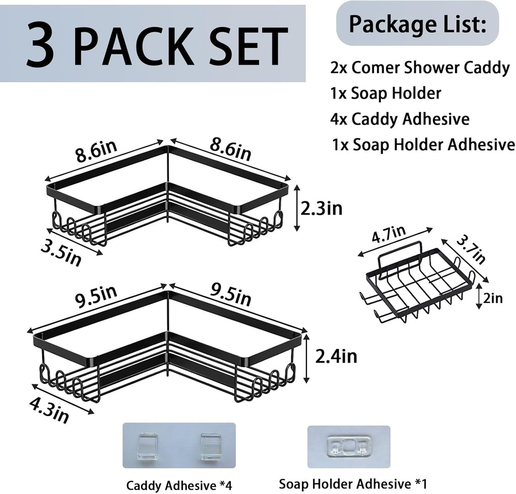 Skiennix Corner Shower Caddy - 3 Pack Rustproof Stainless Steel Organizers | No Drilling, Black