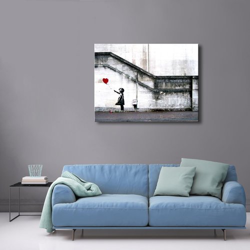 Wieco Art Canvas Paintings Wall Art Banksy Grafitti Girl with Red Balloon Grey Large Love Canvas Prints Pictures Modern Gallery Wrapped Inspirational Artwork Ready to Hang for Home Office Decor