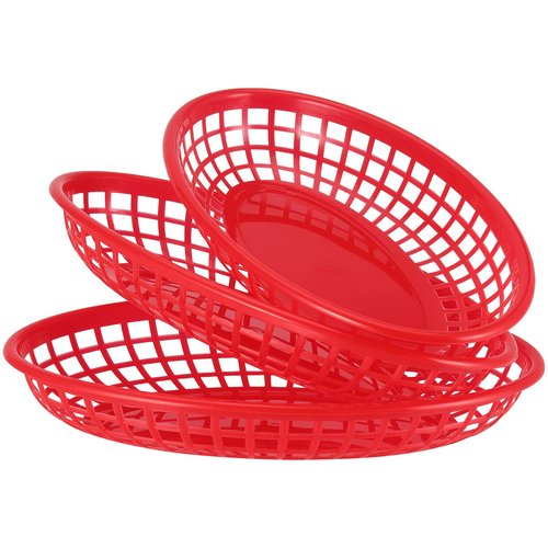 MUKCHAP 60 Pack Red Plastic Fast Food Serving Baskets, 9 x 5.6 x 1.5 Inch Oval Restaurant Serving Baskets for Bread, Fried Chicken, Burgers, Sandwiches, Fries