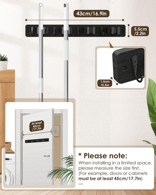 AceMining Broom Holder - Wall Mounted Mop Organizer with 4 Holders & Hooks | Natural Pine Wood