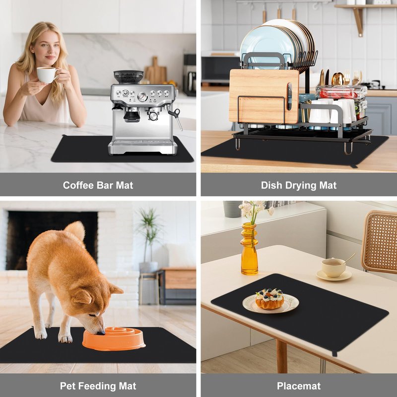 Waterproof Coffee Mat for Ninja ES601 ES701 Breville, 23.6 x 15.7 Inch Espresso Machine Bar Accessories, Hide Stain Rubber Backed, Dish Drying Mat with Easy Clean Surface for Kitchen Counters, Black