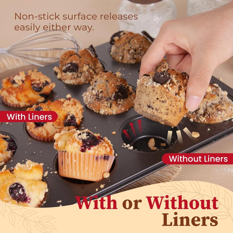 CARTMAN 2 Pack Muffin Pans with 200 Cupcake Liners, Nonstick 12-Cup Muffin Tins, Carbon Steel Cupcake Pans for Baking Muffins, Egg Bites, Brownies & More