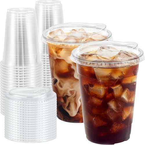 BYSNOW 16 oz Clear Plastic Cups - 100 Pack Disposable Iced Coffee Cups with Lids for Cold Drinks