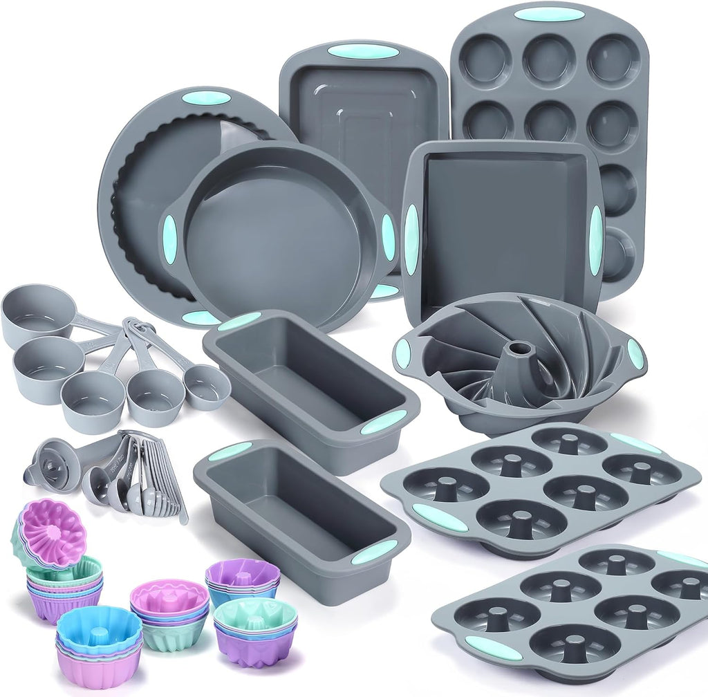 Tongjude Silicone Bakeware Set - 51 Pieces Non-Stick Baking Pans with Muffin, Cake, and Loaf Molds