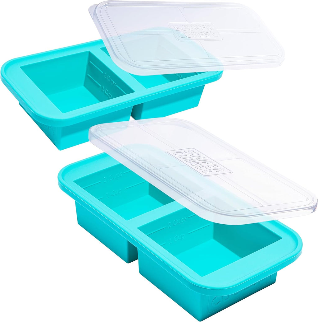Souper Cubes 2 Cup Silicone Freezer Molds with Lids - Perfect for Freezing Soups, Sauces & Leftovers | Aqua 2-Pack