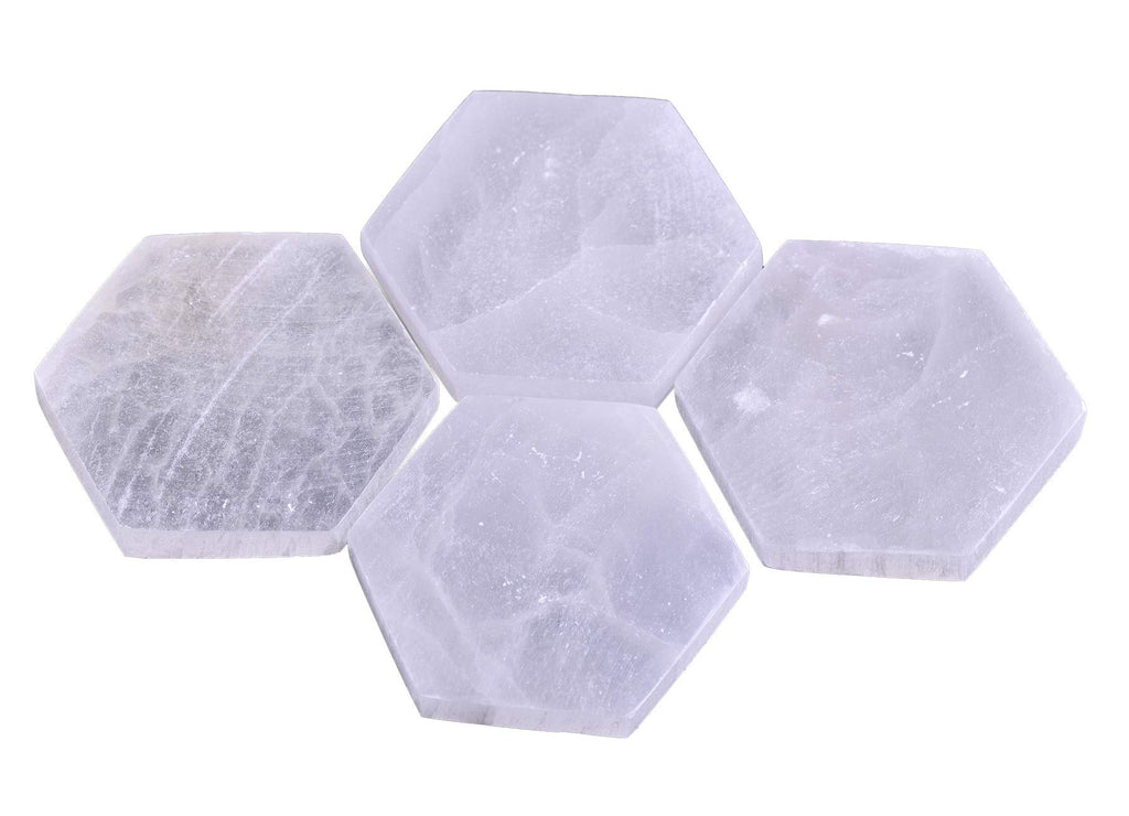 AMOYSTONE 4Pcs Small Hexagon Moroccan Selenite Coasters & Reiki Charging Station Flat Crystal Plate/Tray for Chakra Balance, Crystal Healing
