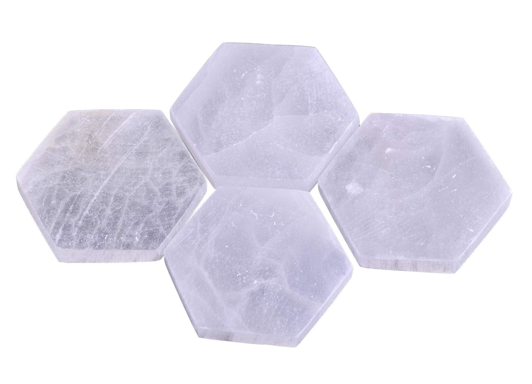 AMOYSTONE 4Pcs Small Hexagon Moroccan Selenite Coasters & Reiki Charging Station Flat Crystal Plate/Tray for Chakra Balance, Crystal Healing