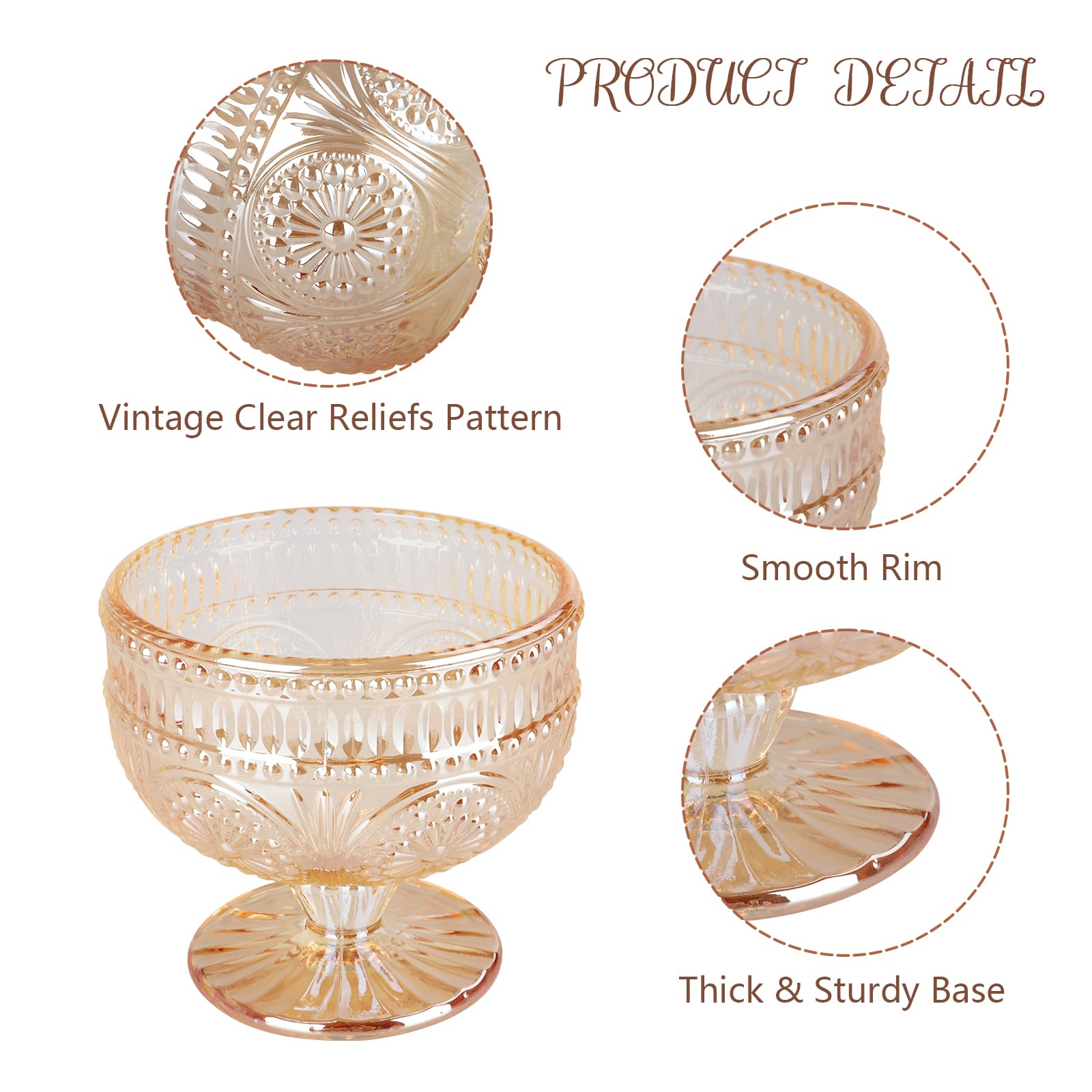 ABuff 4 Pack Glass Ice Cream Bowls, 10 oz Vintage Glass Dessert Bowls Set with Footed Sundae Cups Ice Cream Cups for Dessert, Trifle, Fruit, Salad, Snack