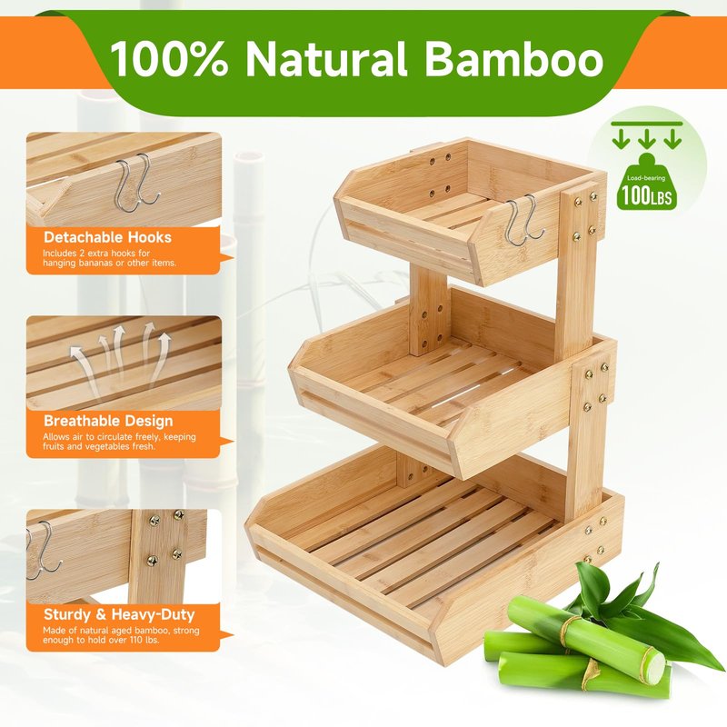 KISENG Bamboo 3 Tier Fruit Basket Stand for Kitchen Counter, Tiered Wooden Large Countertop Vegetable Fruit Holder with Banana Hook, Black