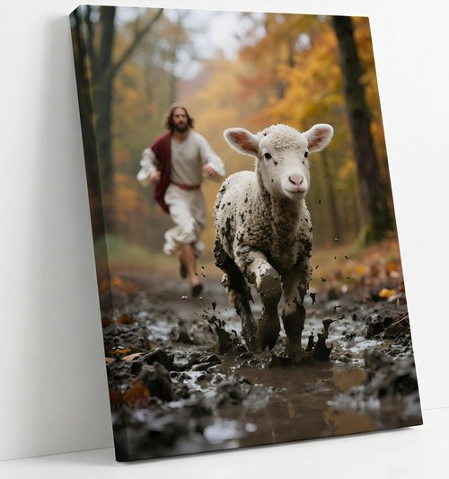 Jesus Canvas Wall Art - Good Shepherd Running After Lost Lamb | Christian Decor for Home & Church