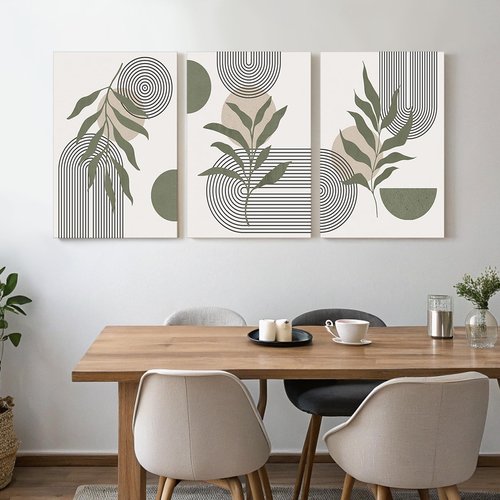 Zessonic Sage Green Boho Wall Art Abstract Canvas, Large Bohemian Minimalist Leaf Geometric Sun Lines Mid Century Nordic Prints for Living Room, Hallway, Bedroom - Ready to Hang- Set of 3, 16x24 Inches
