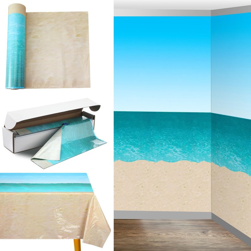 Oudain 54 Inch x 100 ft Ocean Beach Wall Backdrop Tablecloth Roll with Cutter Box Plastic Tropical VBS 2026 Photography Background Ocean Waves Wallpaper Summer Birthday Party Decoration