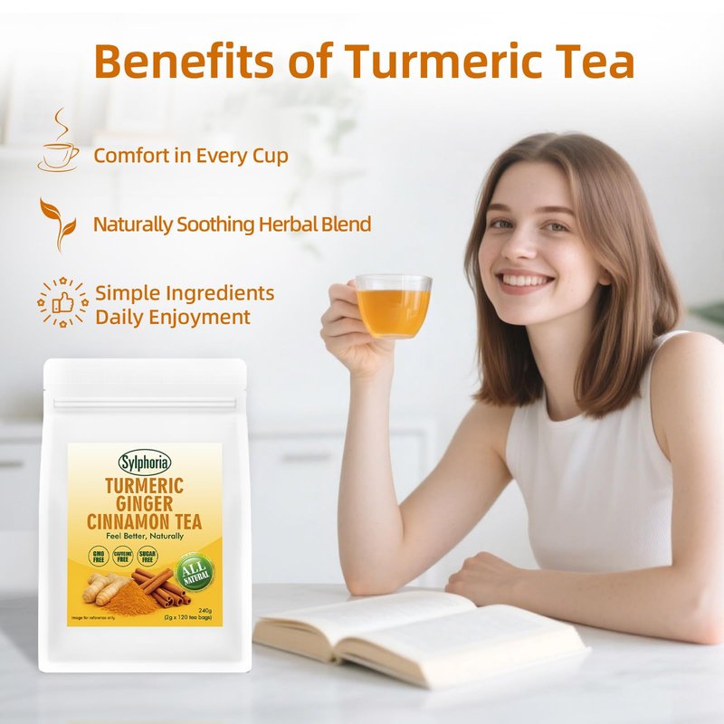 120 Bags Premium Turmeric Ginger Cinnamon Tea Bags, Premium Natural Ingredients, Turmeric Ginger Herbal Blend with Cinnamon, No Sugar, Caffeine-Free，Turmeric Ginger Cinnamon Tea（1Pack/120Bags）