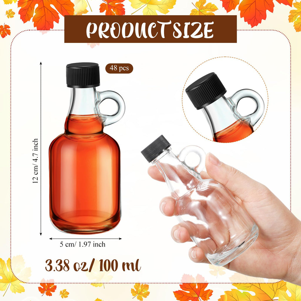 Blushtier 48 Packs 3.4 oz Glass Syrup Bottles with Handle and Black Lids, Mini Maple Syrup Bottles for Party & Wedding Favors Gifts, Honey, Coffee, Juice