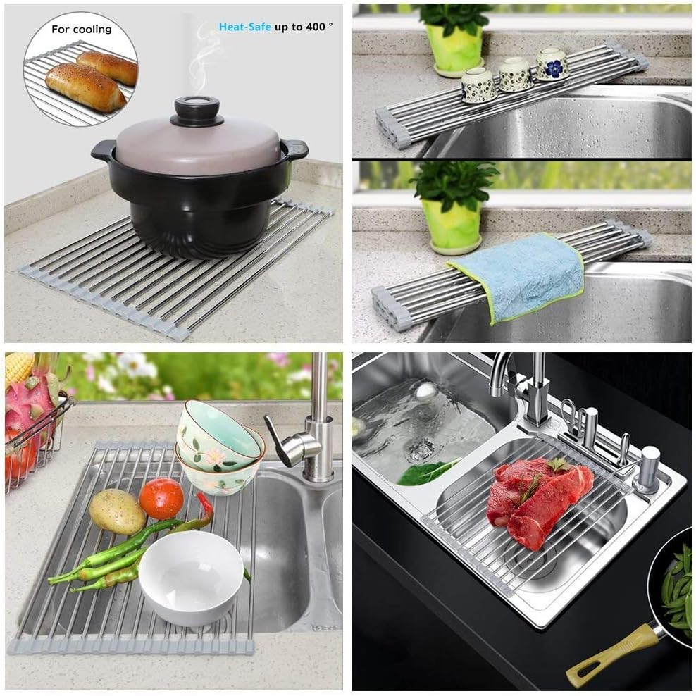 Skiennix Roll-Up Dish Drying Rack - 304 Stainless Steel, Foldable & Easy to Store | 17" x 13.5" - Black