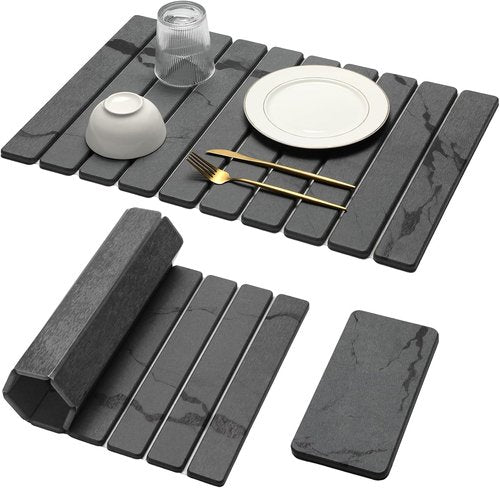 **Skiennix Large Stone Dish Drying Mat - Quick-Dry Diatomaceous Organizer Pad | Dark Gray 24"×16" & 8"x4"**
