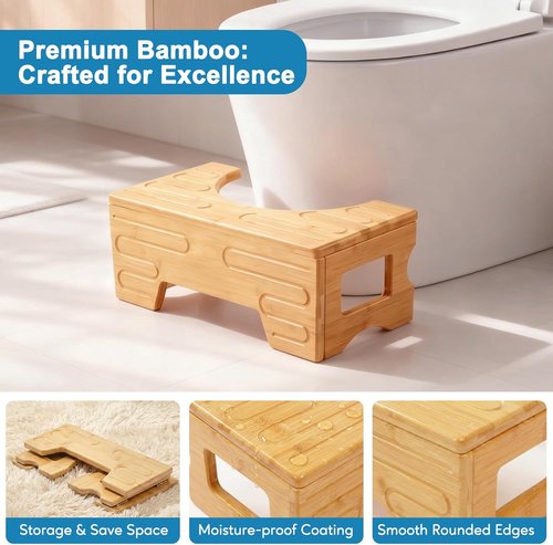 Bamboo Foldable Toilet Stool - Adjustable 7" & 9" Heights, Non-Slip Design for Kids & Adults | Compact & Space-Saving Natural Color