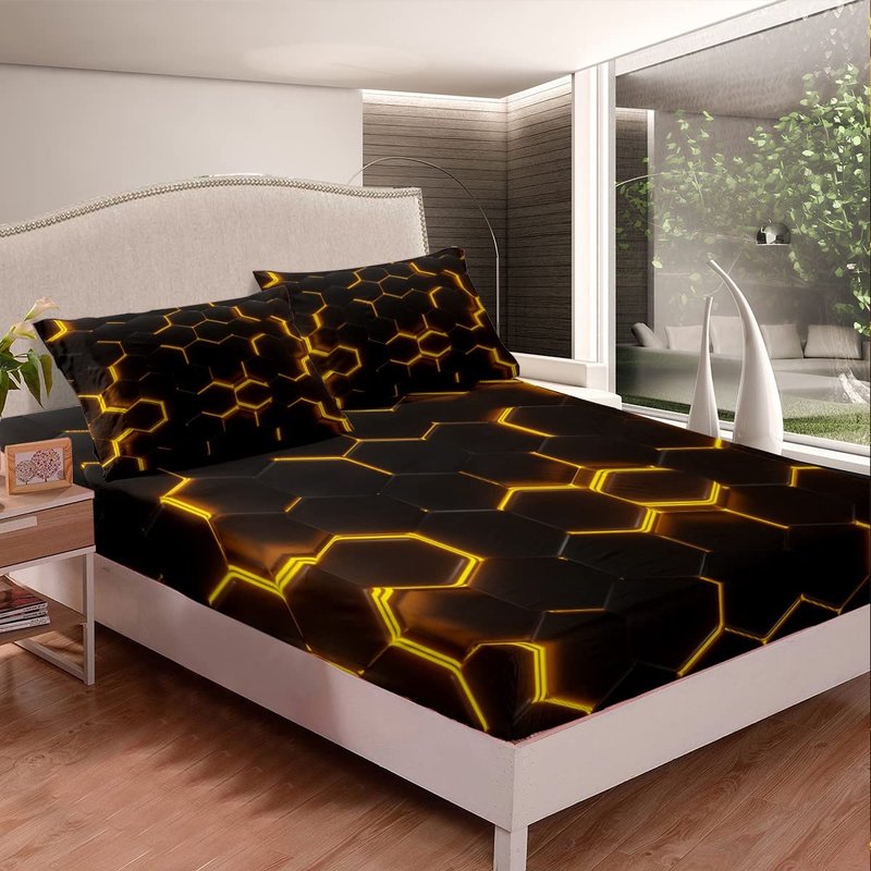 Feelyou Honeycomb Bedding Sheets Twin Size Yellow and Brown Neon Lights Bed Sheet Set Geometric Hexagon Bedding Set 3pcs for Kids Boys Girls Bedroom Decor Black Sheet Set with 1 Pillowcase