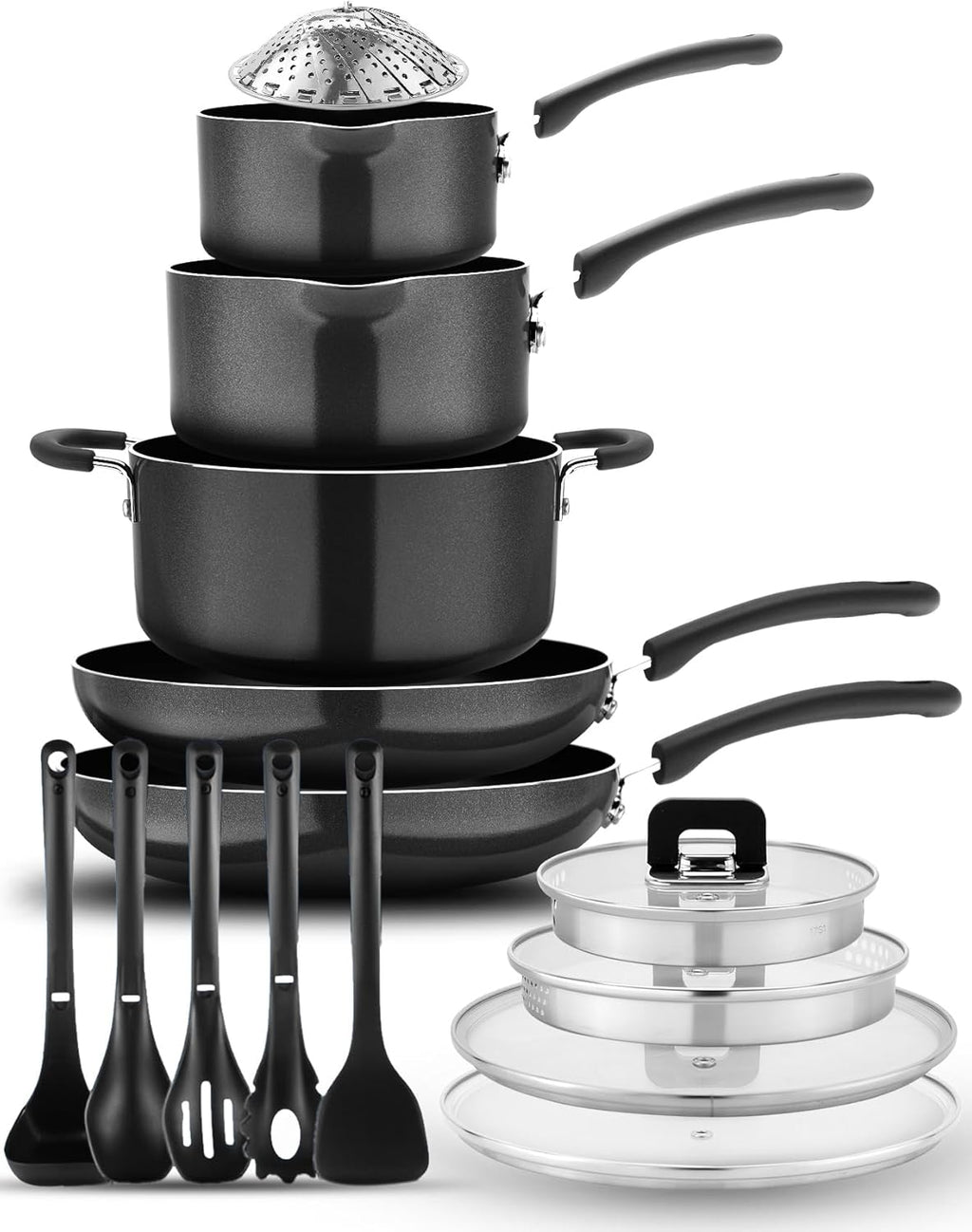 NutriChef 17-Piece Non-Stick Cookware Set - Space-Saving, Induction-Compatible, Black Pots & Pans with Heat-Resistant Utensils