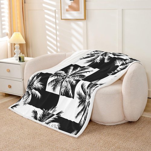 Feelyou Palm Tree Print Sherpa Blanket Tropical Palm Leaf Throw Blanket for Couch Bed Sofa Black White Geometric Square Decor Fleece Blanket Hawaiian Nature Theme Fuzzy Blanket Queen 90"x90"