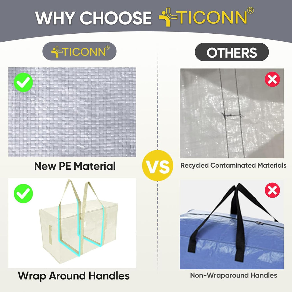 TICONN Extra Large Heavy-Duty Moving Bags - Durable Storage Solution with Zippers & Handles | 2 Pack, Cream