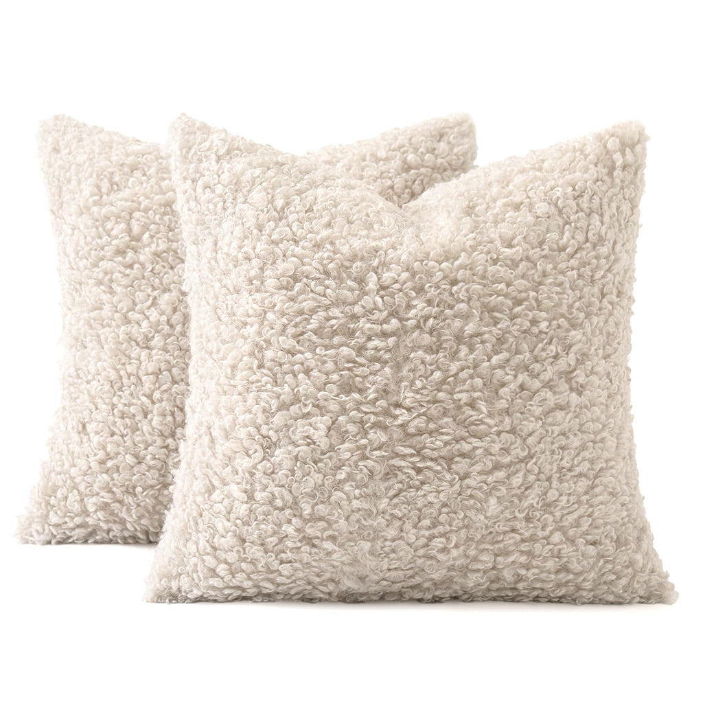 MIULEE Pack of 2 Faux Fur Throw Pillow Covers 18x18 Inch Neutral Light Beige Boucle Decorative Sherpa Pillow Covers Fuzzy Accent Soft Sheepskin Fleece for Boho Home Decor Couch Living Room Bed