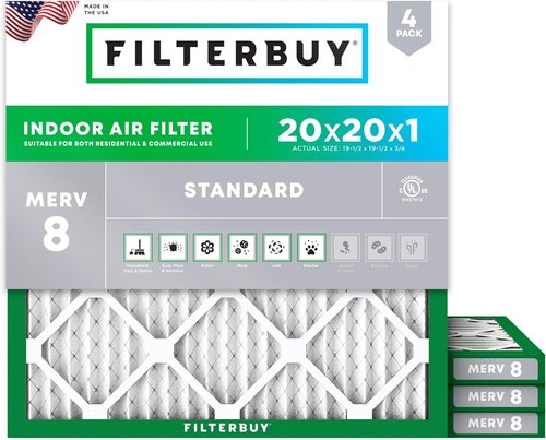 Filterbuy 20x20x1 Air Filter - MERV 8 Dust & Allergy Defense | 4-Pack Electrostatic Pleated HVAC Filters (Actual Size: 19.5 x 19.5 x 0.75)