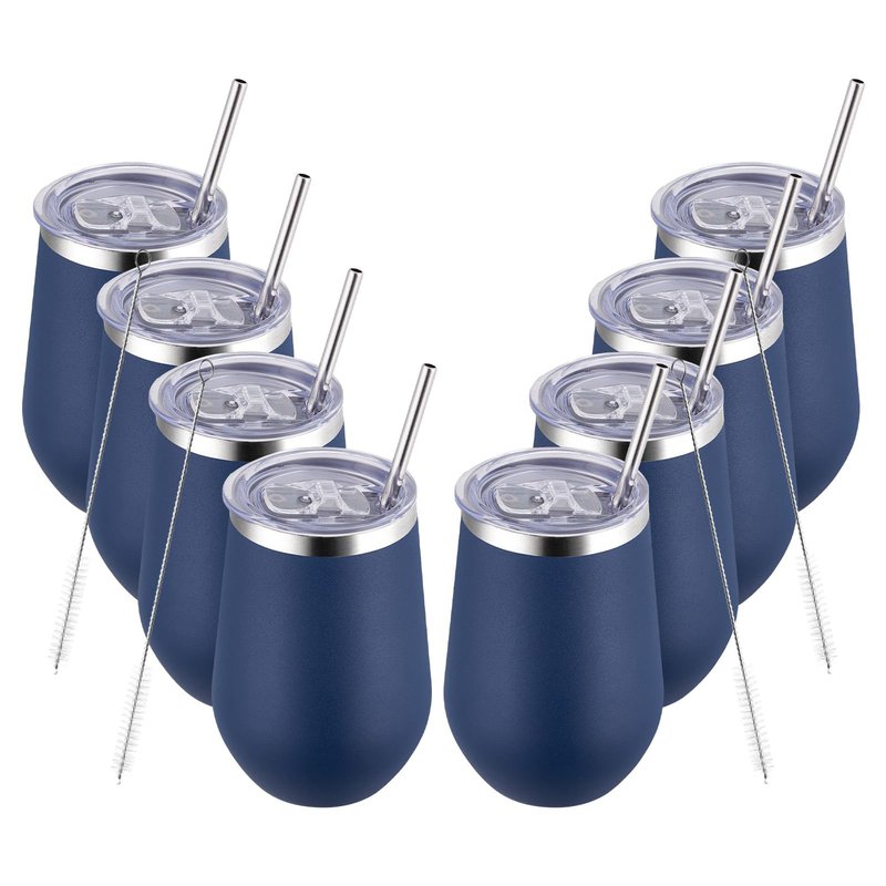 MEWAY 12oz/8 Pack Wine Tumbler Glasses with Lid - Stemless Double Wall Vacuum Stainless Steel Tumbler Keeping Cold & Hot for Wine,Drinks - Family and Gifts, Ideal for Travel and Office(Navy,Set of 8)