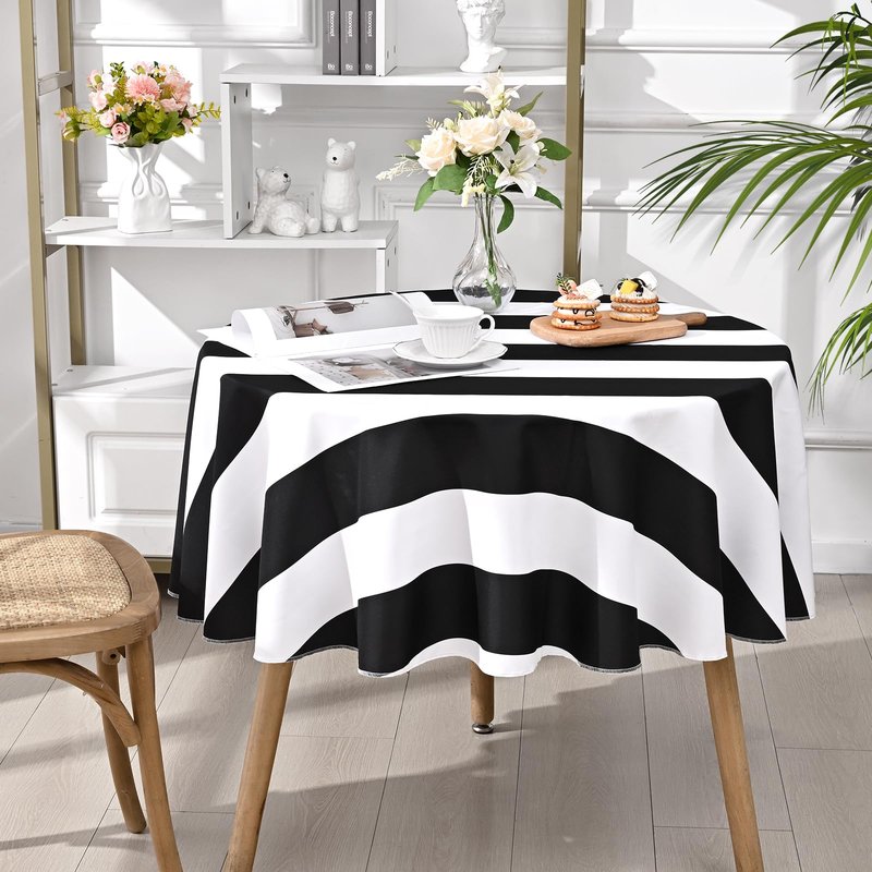 ASPMIZ Black and White Striped Tablecloth for Round Tables, Geometric Stripe Waterproof Table Cloth for Kitchen Dining Room, Polyester Tablecloth Round 60”