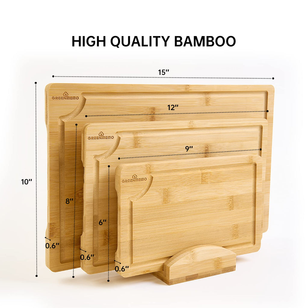 Bamboo Cutting Boards for Kitchen, Wood Cutting Board with Holder, Bamboo Cutting Board Set Reversible with Juice Grooves for Meat Cheese Fruit and Vegetables (Four Piece Set)